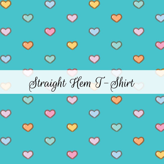 Rainbow Teal Hearts | Straight Hem T-Shirt | Abstract & Activities
